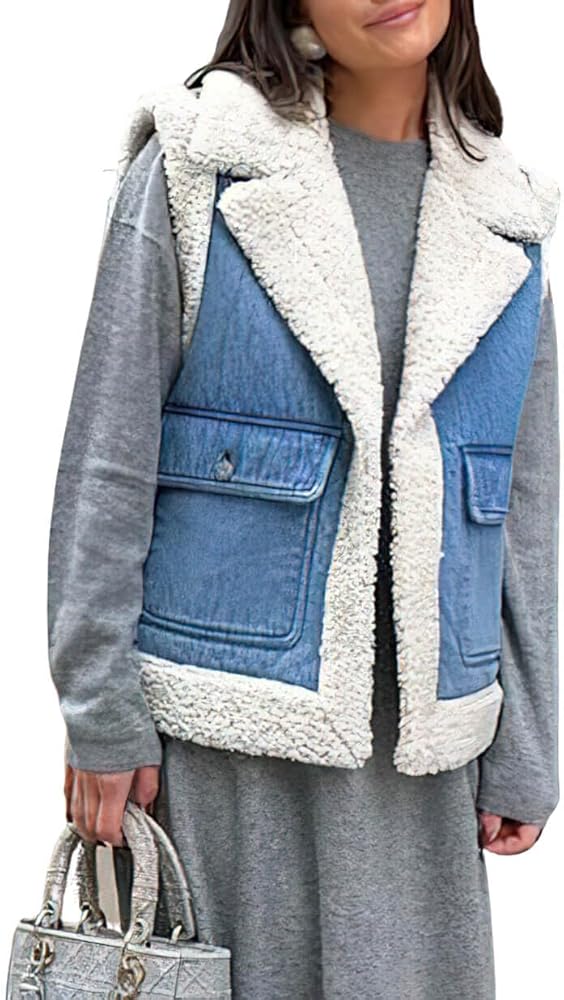 CHARTOU Women's Sherpa Lined Denim Patchwork Vest Notch Lapel Winter Sleeveless Jacket Coats