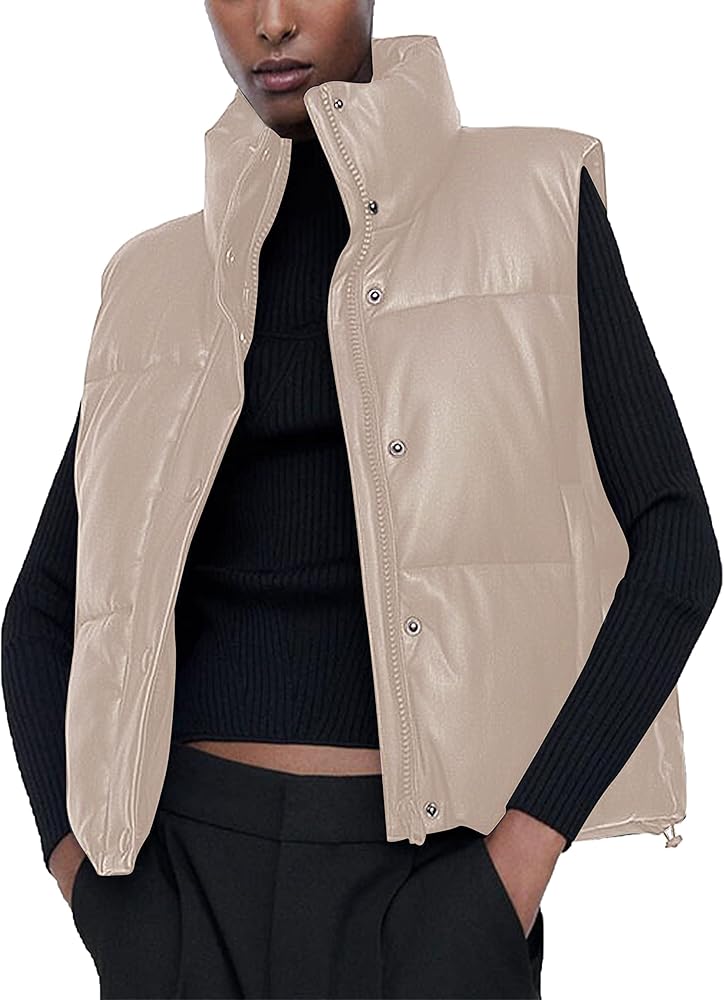 HangNiFang Faux Leather Puffer Vest for Women Winter Warm Padded Jacket Vest Waistcoat