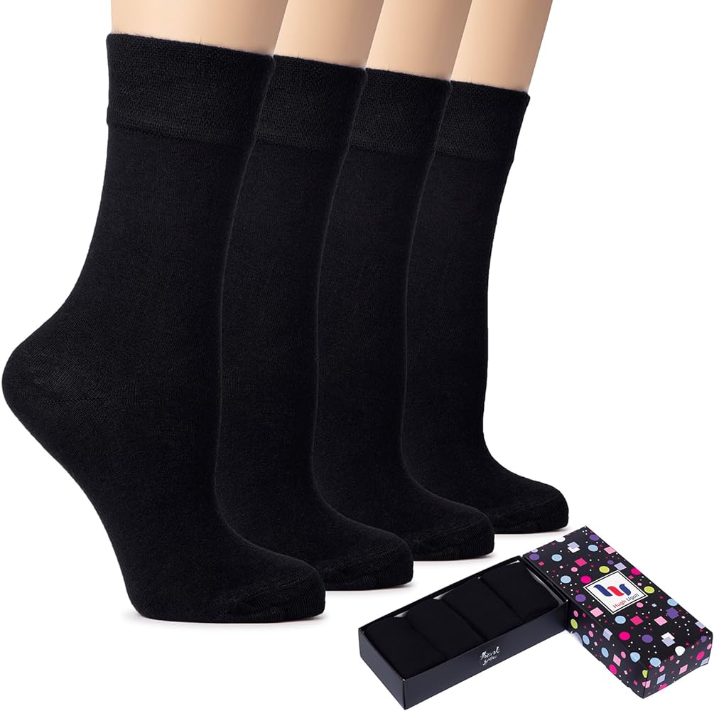 Hugh Ugoli Women's Bamboo Thin Crew Socks for Dress Business & Trouser, Seamless Toe, 4 Pairs in Gift Box, Shoe Size 5-8/8-11