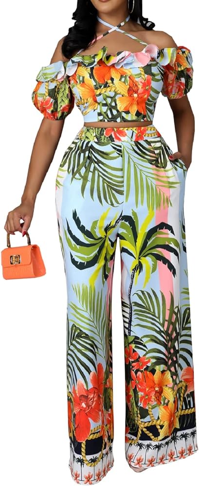 CuteCherry Floral Two Piece Womens Outfits Summer Sexy Wide Leg Jumpsuit Floral Green Spaghetti Strap Off Shoulder Top Long Pants Beach Sets