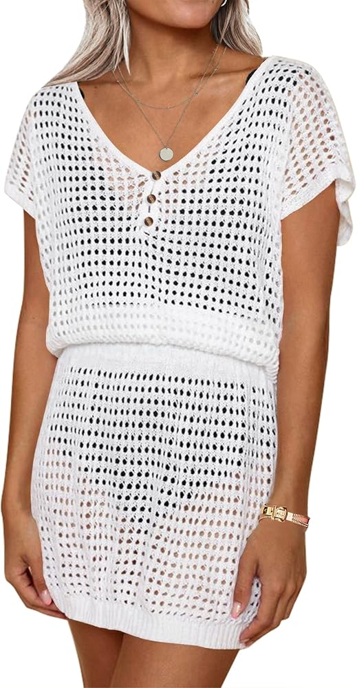 AOLRO Women's Swim Coverups Crochet Hollow Out Short Sleeve V Neck Beach Swimsuit Bathing Suit Cover Up Dresses S-XXL