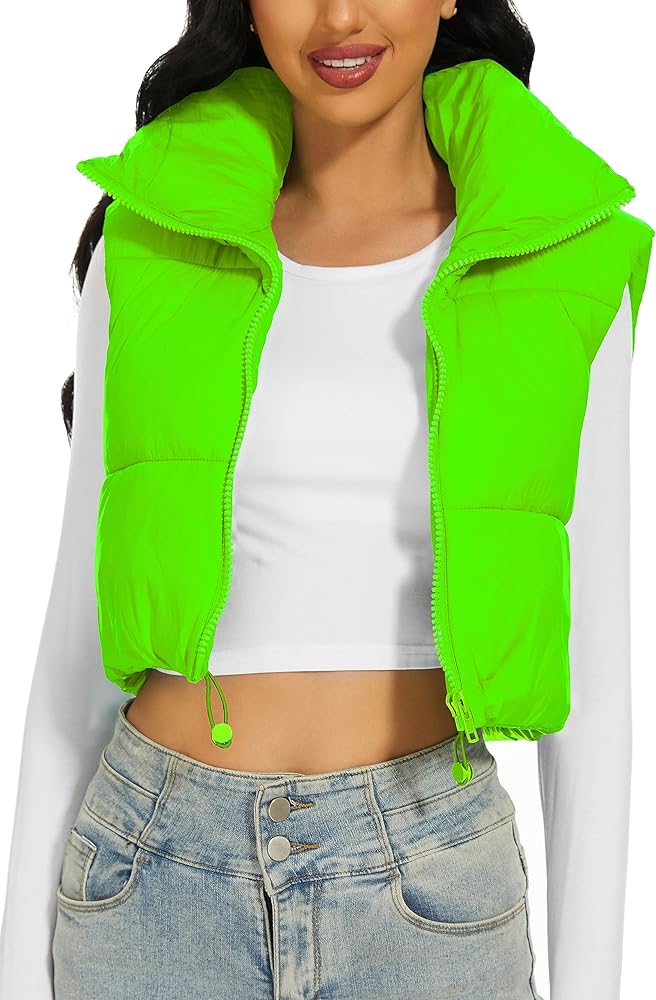 Womens Cropped Puffer Vest Stand Collar Zip Up Lightweight Winter Puffy Jacket Vests Outerwear