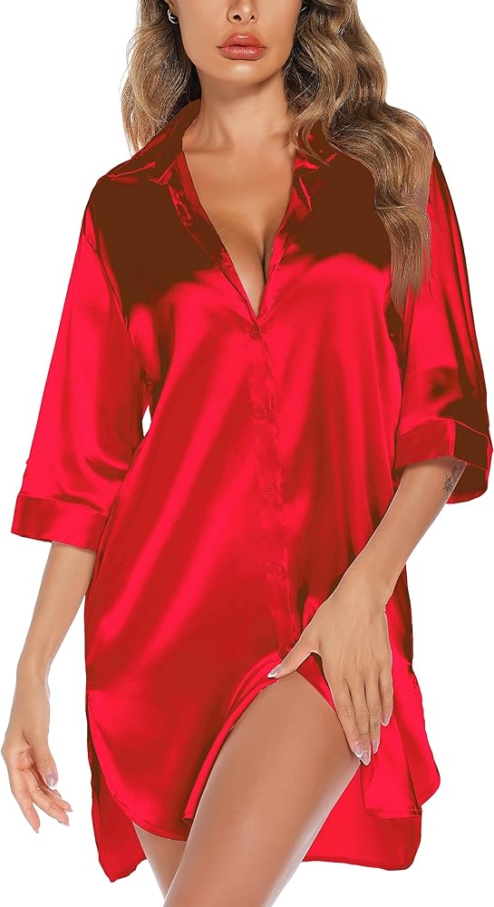 Anjue Satin Nightgown For Women 3/4 Sleeve Silk Nightshirt Button Down Pajamas Dress Boyfriend Sleepshirt