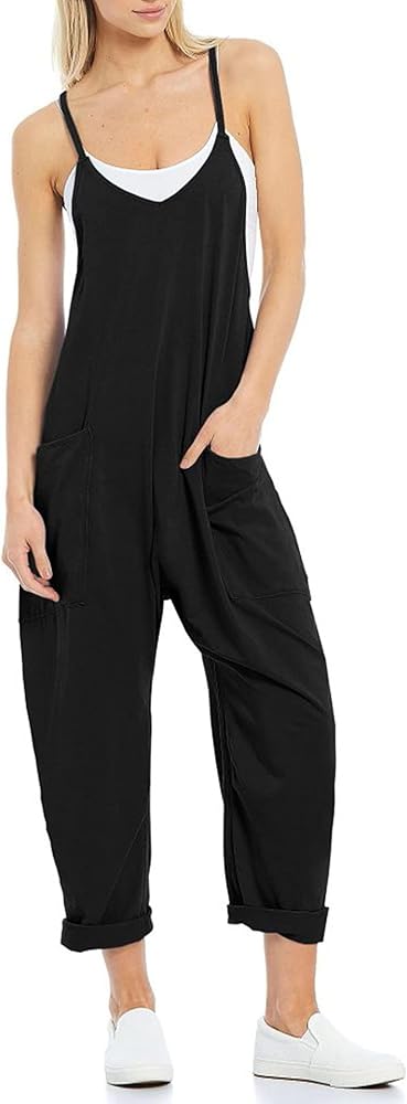 Womens Casual Overalls Stretchy Jumpsuits Baggy Spaghetti Strap Loose Fit Flowy Harem Cotton Romper with Pockets