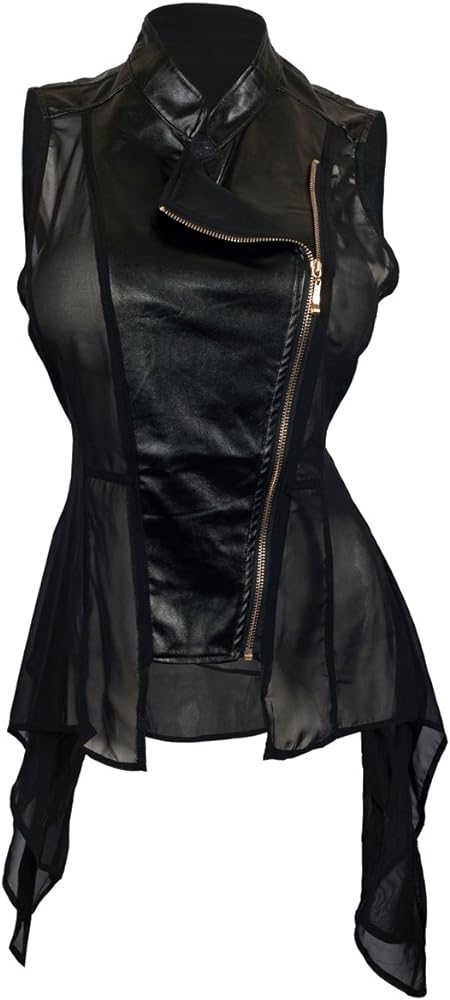 eVogues Women's Sleeveless Sheer and Faux Leather Panel Fashion Vest Jacket