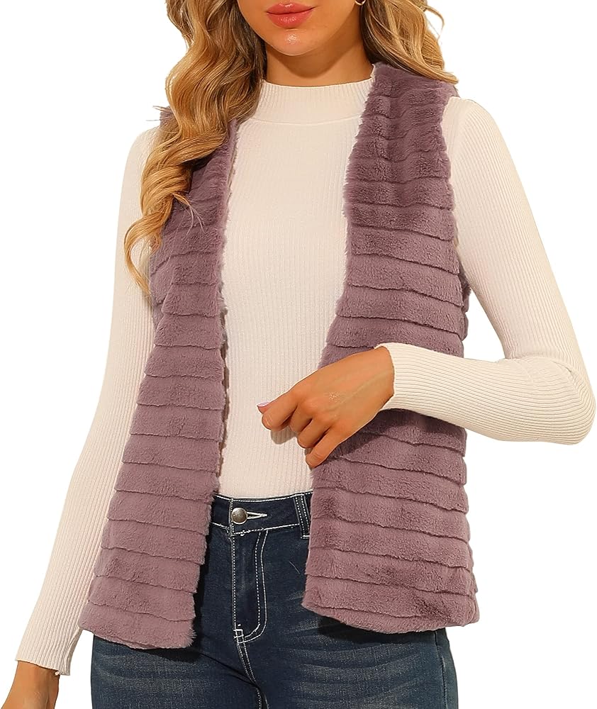 Allegra K Women's Fashion Faux Fur Vest Casual Sleeveless Fluffy Open Front Jacket