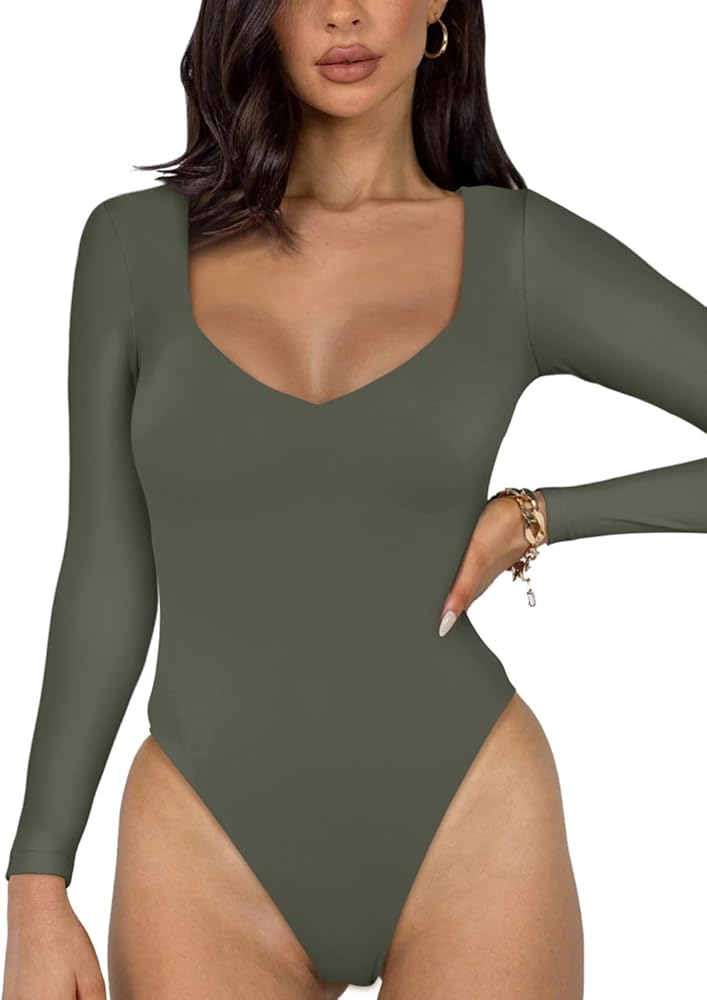 REORIA Women's Basic Sexy V Neck Double Lined Long Sleeve Slimming Going Out Thong Bodysuits Tops