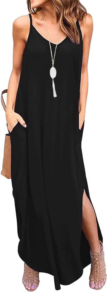 GRECERELLE Women's Summer Casual Loose Dress Beach Cover Up Long Cami Maxi Dresses with Pocket