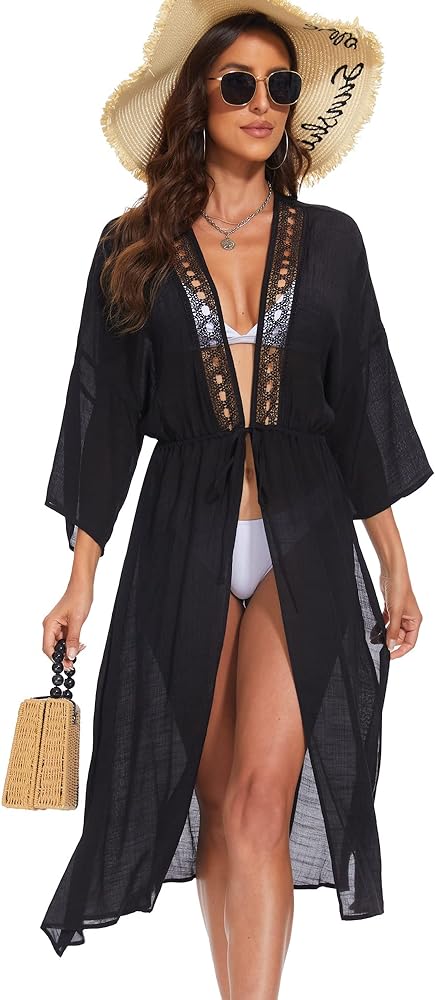 Moss Rose Women's Long Beach Cardigan Maxi Open Front Lace Bikini Swimsuit Kimono Cover Ups