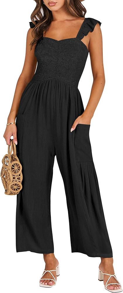 ANRABESS Women Summer Casual Dressy Sleeveless Smocked Wide Leg Linen Jumpsuits Rompers 2024 Trendy Travel Outfit Pocket