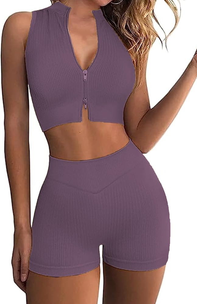 PINSPARK Workout Sets for Women Ribbed Gym Outfits Activewear Zip Crop Tops and High Waist Shorts 2 Piece Set with Pocket