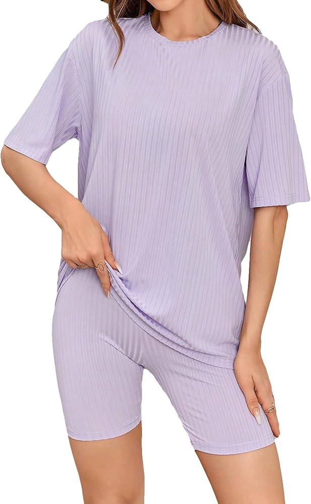 WDIRARA Women's 2 Piece Outfits Ribbed Short Sleeve Drop Shoulder Tee and Shorts Set Tracksuits Mauve Purple S