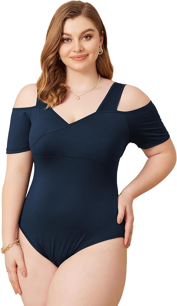 OYOANGLE Women's Plus Size Cold Shoulder Skinny One Piece Bodysuit Short Sleeve Cut Out T-Shirt Top