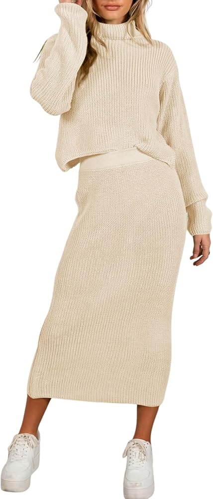 Pink Queen Women's 2 Piece Outfit Lounge Set Long Sleeve High Neck Chunky Sweater Top Bodycon Skirt Knit Rib Apricot S