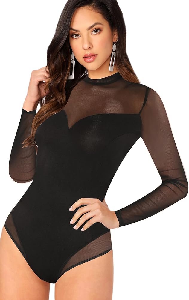 Floerns Women's Sheer Mesh Long Sleeve Stretchy Bodysuit Jumpsuit