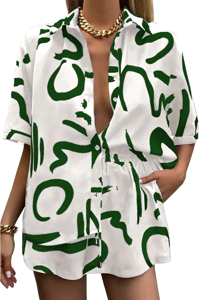 Women's 2 Piece Outfit Sets Summer Beach Casual Printed Shirts and Shorts Lounge Sets(Green-S)