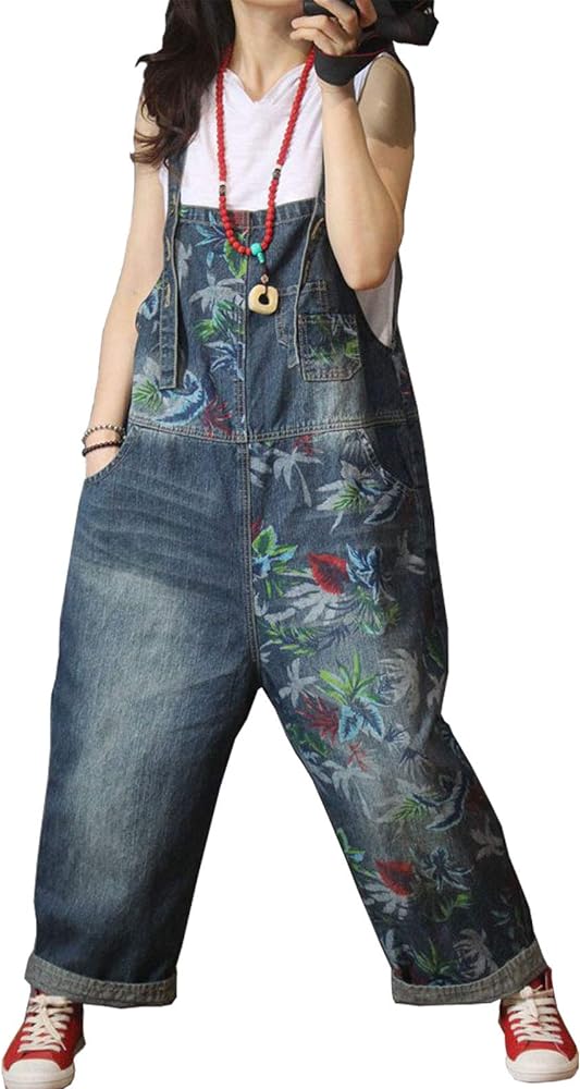 Flygo Women's Floral Printed Wide Leg Distressed Bib Denim Overalls Jumpsuits with Pockets (One Size, Style 07)