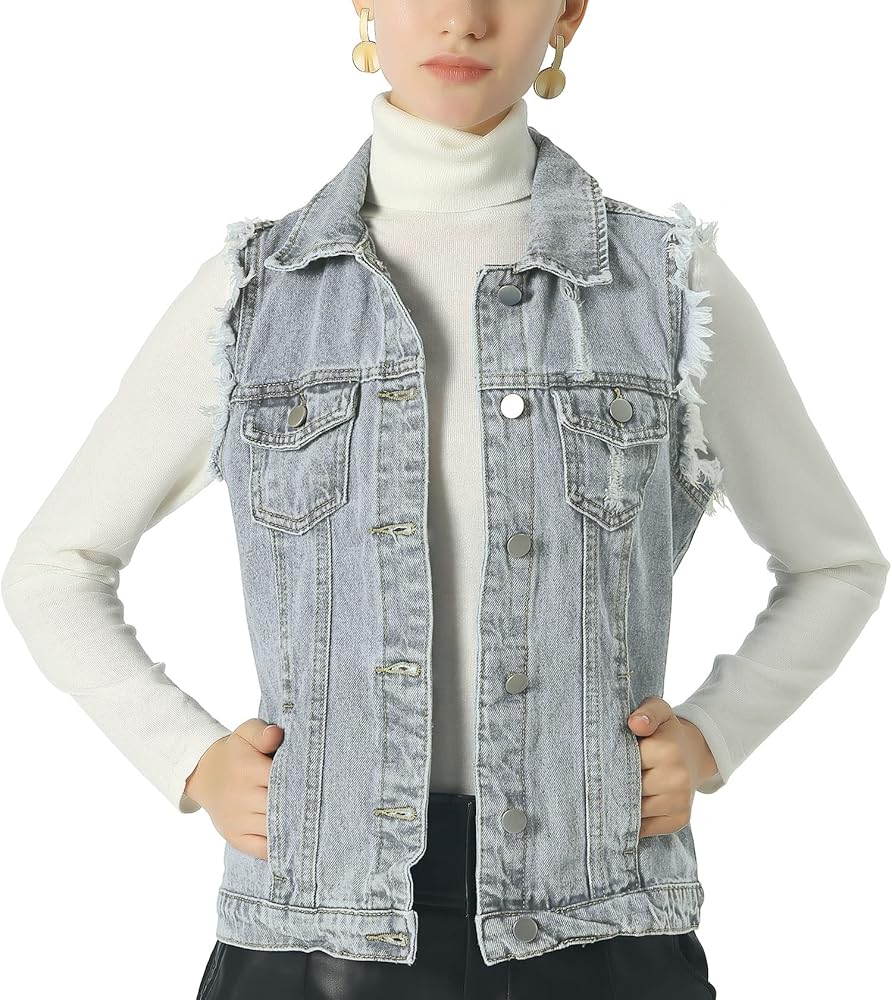 ebossy Women's Candy Color Slim Fit Sleeveless Distressed Denim Jean Vest Jacket