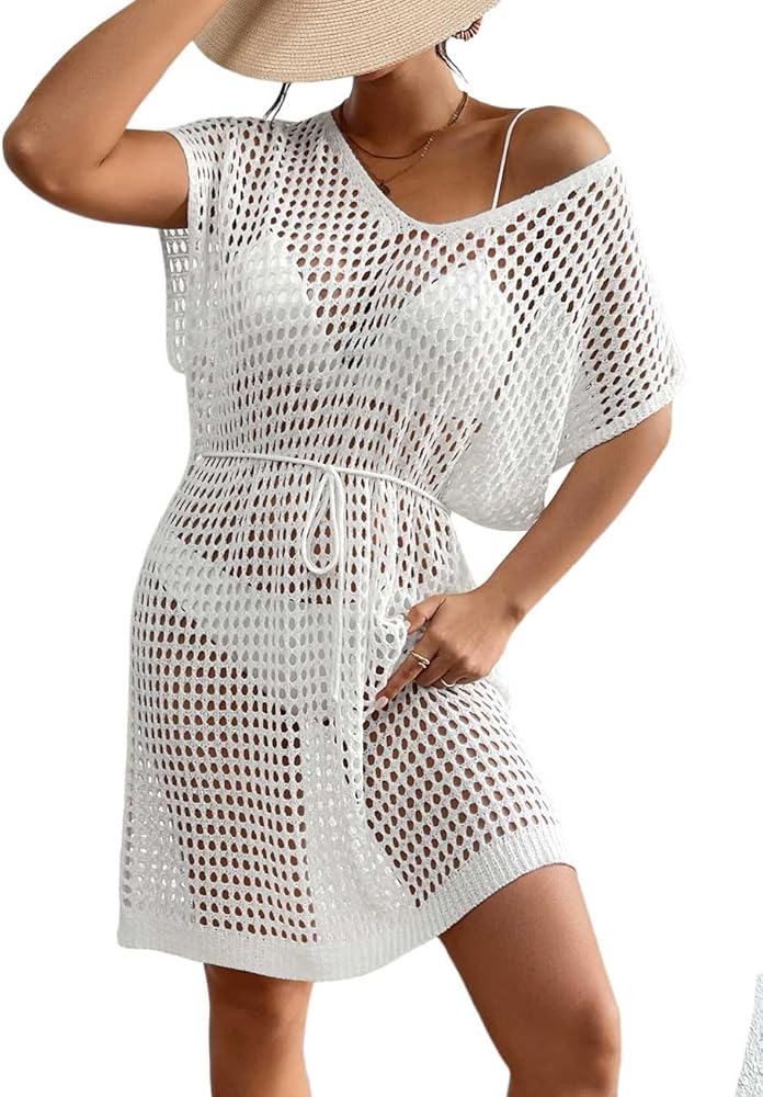 Bsubseach Swimsuit Coverup for Women Solid V-Neck Crochet Cover Up Eight Character Gauze Bathing Suit Cover Up