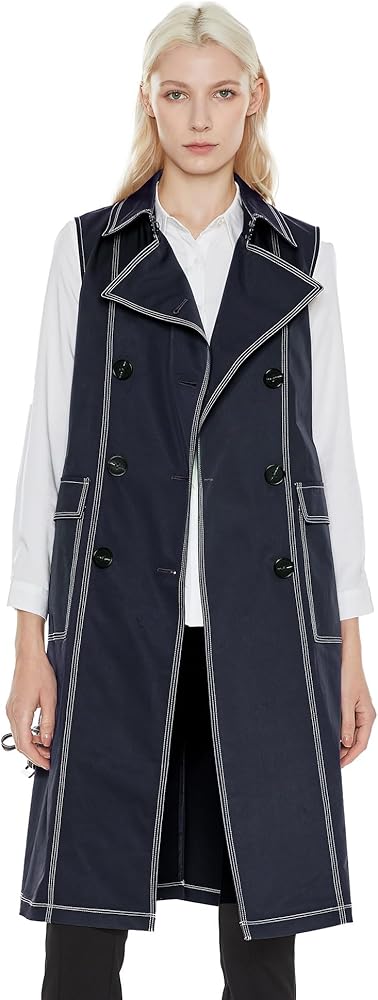 Orolay Women's Lightweight Sleeveless Vest Double Breasted Trench Coat Office Long Blazer Jacket with Belt