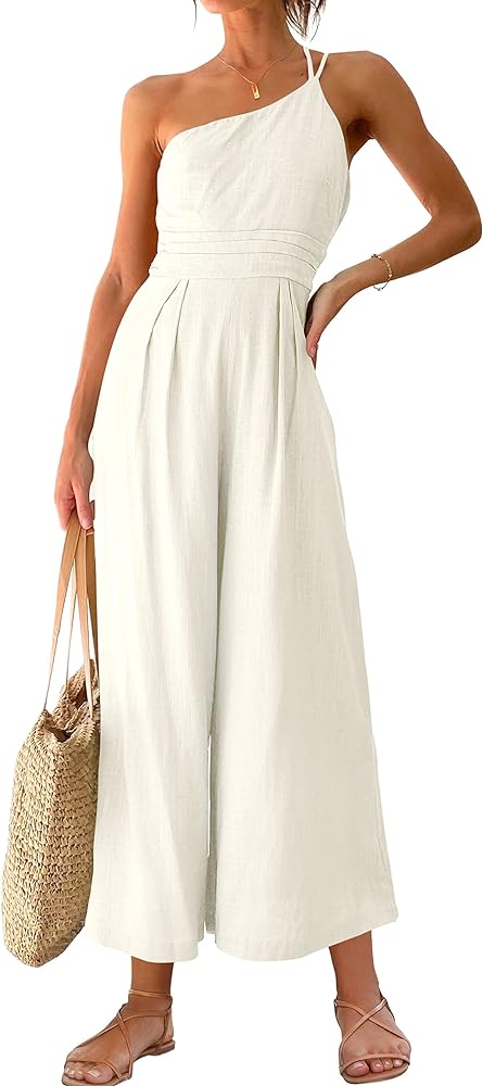 ANRABESS Women's Summer Straps One Shoulder High Waist Casual Wide Leg Linen Jumpsuit Romper with Pockets