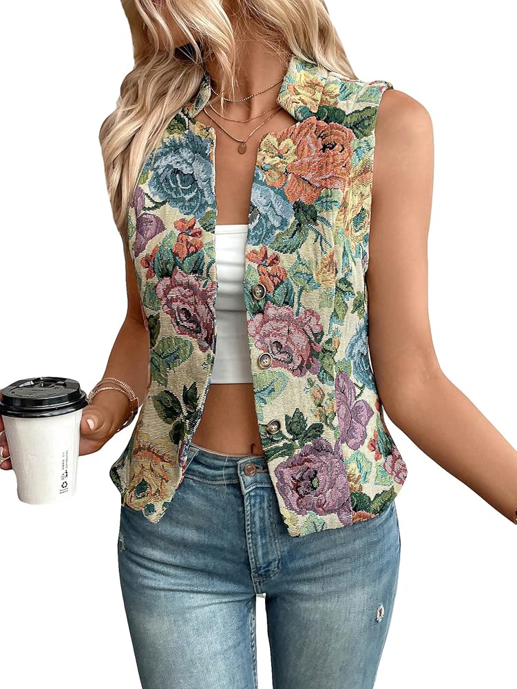 WDIRARA Women's Floral Print Waistcoat Notched Neck Button Front Single Breasted Slim Fit Vest Blazer