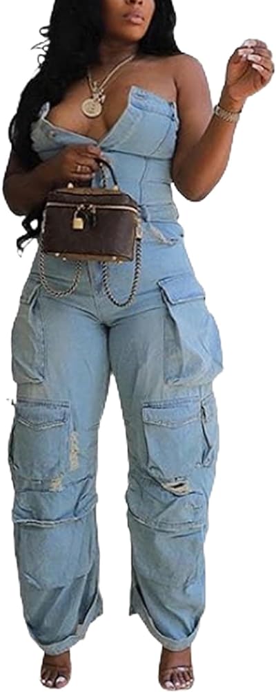 Tbahhir Women's Sexy Off Shoulder Tube Denim Cargo Jumpsuits Wide Leg Baggy Loose Jean Pants Rompers Overalls