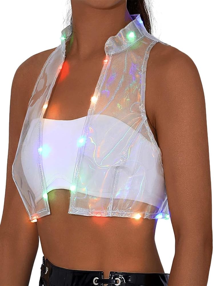 Edary Women's Led Sleeveless Vest Shinny See Through Waistcoat Vests Light up Transparent Open Front Crop Jacket