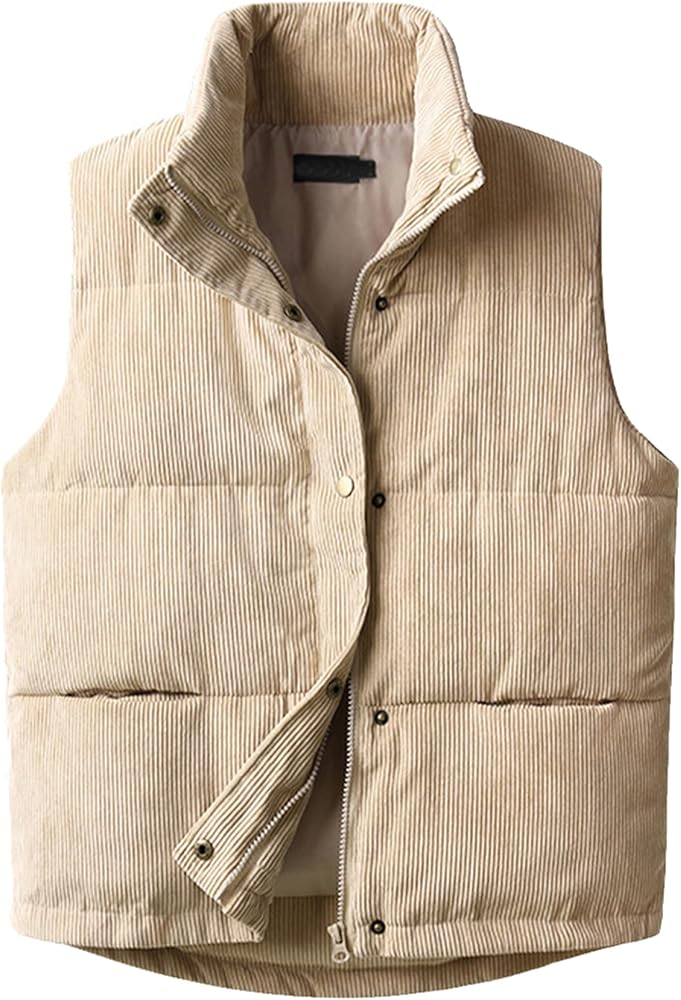 Womens Corduroy Puffer Vest Sleeveless Stand Collar Zip Up Snap Lightweight Jacket Padded Gilet Outerwear