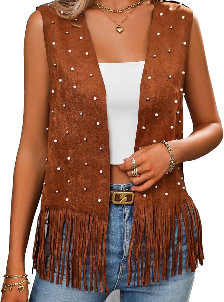 LifeShe Women Faux Pearl Fringe Faux Suede Vest with Beads 70s Hippie Sleeveless Tassel Cardigan Jacket