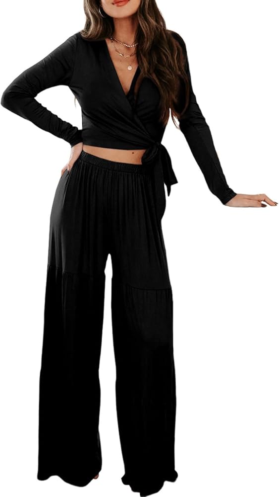 Dokotoo Women's Two Piece Lounge Set Long Sleeve Wrap Tie Knot Crop Top and Wide Leg Palazzo Pants Casual Outfits Sweatsuit