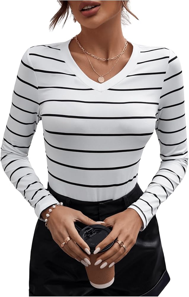 MakeMeChic Women's Casual Striped Long Sleeve V Neck Bodysuits Slim Fit Tee Shirts Top