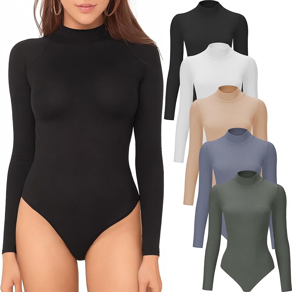 MCPORO Long Sleeve Bodysuit for Women 4/5 Pack Basic Mock Turtleneck Black Women's Body Suits Tops