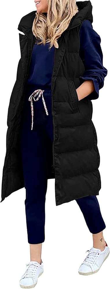 Womens Long Puffer Vest Full-Zip Hooded Sleeveless Down Jacket Coats with Pockets