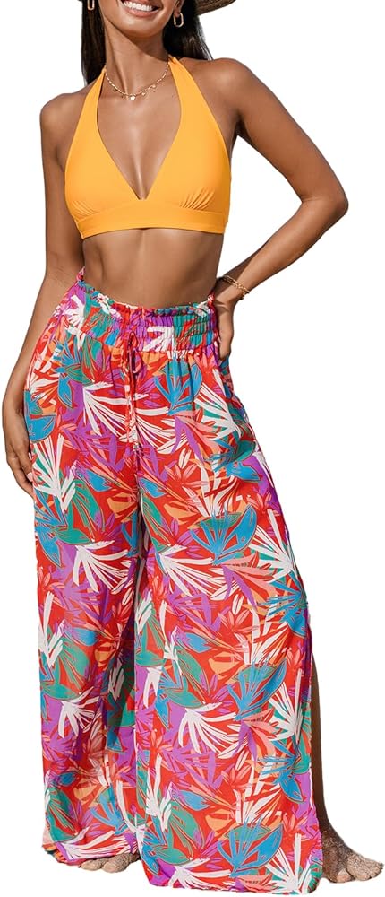 CUPSHE Women's Smoked Cover Up Pants Bathing Suit Bottom Summer Wide Lege Beach Wear Side Slit Sheer Tropical 2024