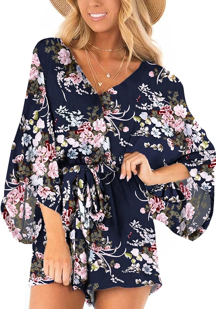 Bonkwa Women's Summer Rompers V Neck Floral Print Casual Romper High Waist Belt Long Baggy Sleeves Loose Short Jumpsuits