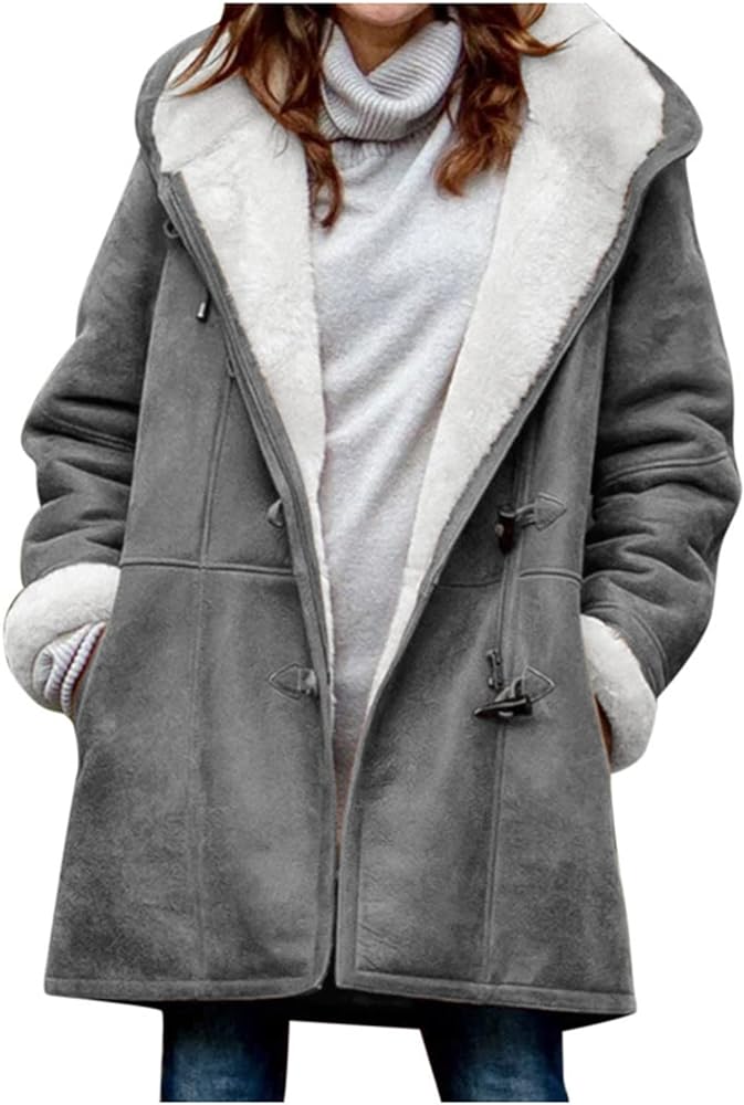 Plus Size Winter Coats for Women 2024 Warm Sherpa Fleece Lined Distressed Jackets Hooded Parka Faux Suede Pea Coat Outerwear