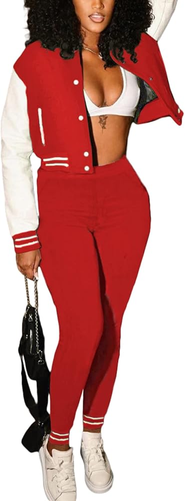 qfmqkpi Women Casual Varsity Jacket Sweatsuit Patchwork Button Down Jackets Pants 2 Pieces Tracksuit