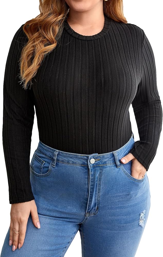 MakeMeChic Women's Plus Size Solid Ribbed Knit Round Neck Long Sleeve Slim Fit Bodysuit Tee Shirt Top