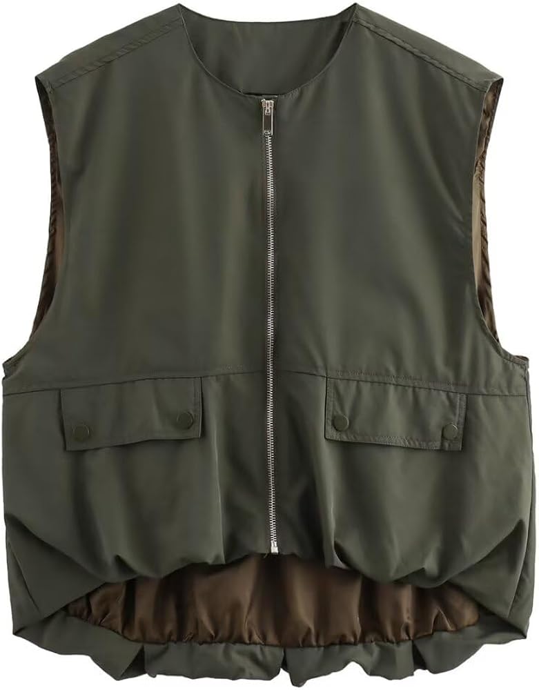 Women's Cargo Vest Oversized Zip Up Vest Casual Ruched Hem Sleeveless Blazer Jackets Vest Top with Pocket