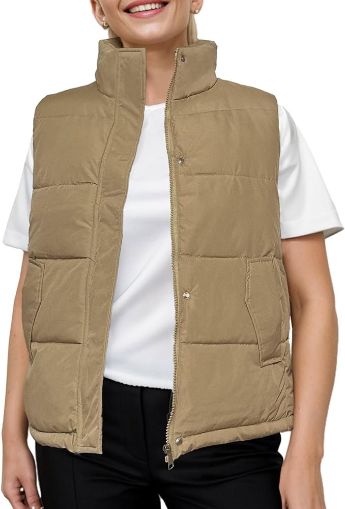 Puffer Vest Women Zip Up Sleeveless Puffy Womens Outerwear Vests Stand Collar Padded Gilet Jacket with Pockets