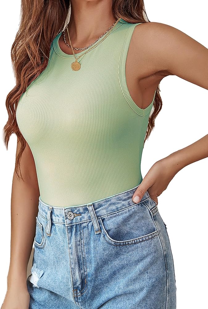 Ekouaer Sexy Sleeveless Bodysuit for Women Round Neck Ribbed Tank Top Bodysuit