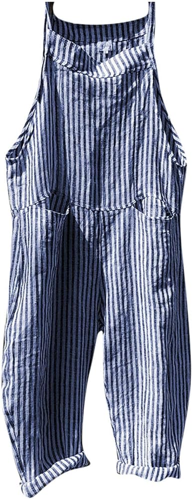 NAMTYQX 2024 Plus Size Stripes Overall,Women Oversized Summer Casual Cargo Jumpsuit Wide Leg Bib Overall Linen Pants Pockets