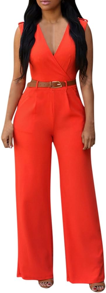 Pink Queen Jumpsuits for Women Dressy V Neck Sleeveless Wide Leg Long Pants Rompers