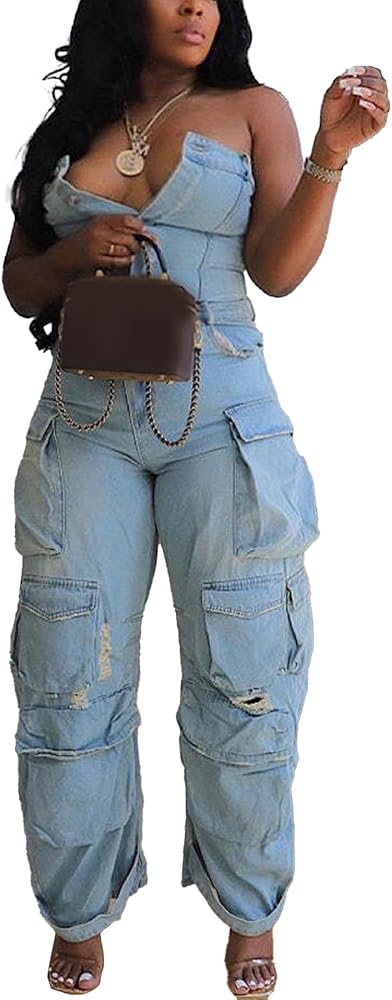 LETSVDO Women's Cargo Denim Jumpsuit Strapless Multi Pockets Wide Leg Loose Baggy Jean Romper Cargo Jeans