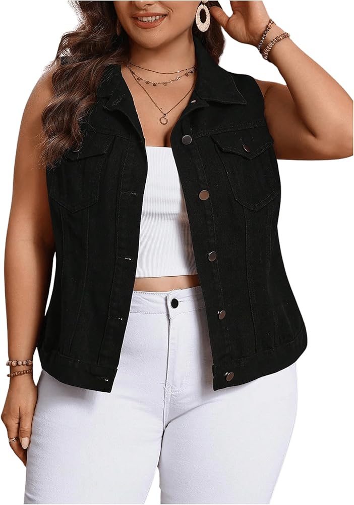 Floerns Women's Plus Size Sleeveless Vests Button Down Denim Jackets with Flap Pockets