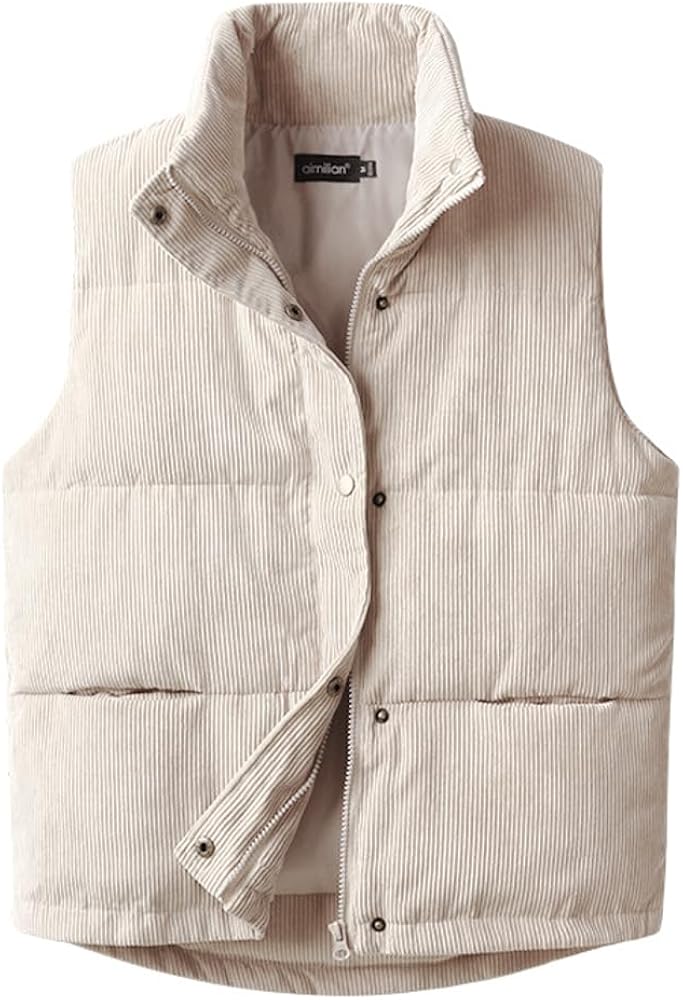 Corduroy Cotton Vest for Women Versatile Sleeveless Short Vest Coat Stand Collar Puffer Jacket for Women Girls