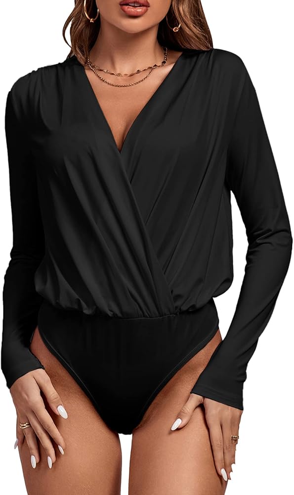 Vrtige Women's Wrap V Neck Long Sleeve Pleated Bodysuit Leotard Top