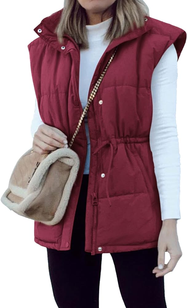 BTFBM Women's Casual Outerwear Vest Button Down Zip Up Padded Gilet Drawstring Sleeveless Jackets Coats with Pockets