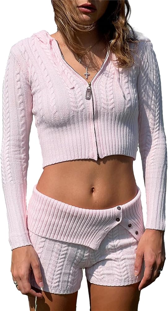 Women 2 Piece Knit Outfits Long Sleeve Zipper Hooded Sweater Cardigan Buttons Cable Shorts Set Y2k Clothes